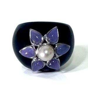 Sterling Silver 925 Onyx Statement Ring w/ Floral Pearl & Amethyst Cabochons  7